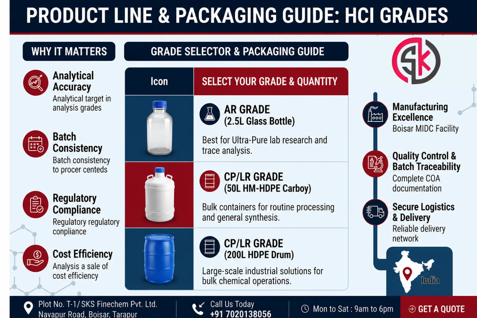Product line and packaging options for Hydrochloric Acid including 2.5L Glass Bottles for AR Grade and 50L HM-HDPE Carboys and 200L Drums for bulk CP Grade by SKS Finechem.